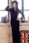 Womens V-Neck Long-Sleeved Full Length Dress Black