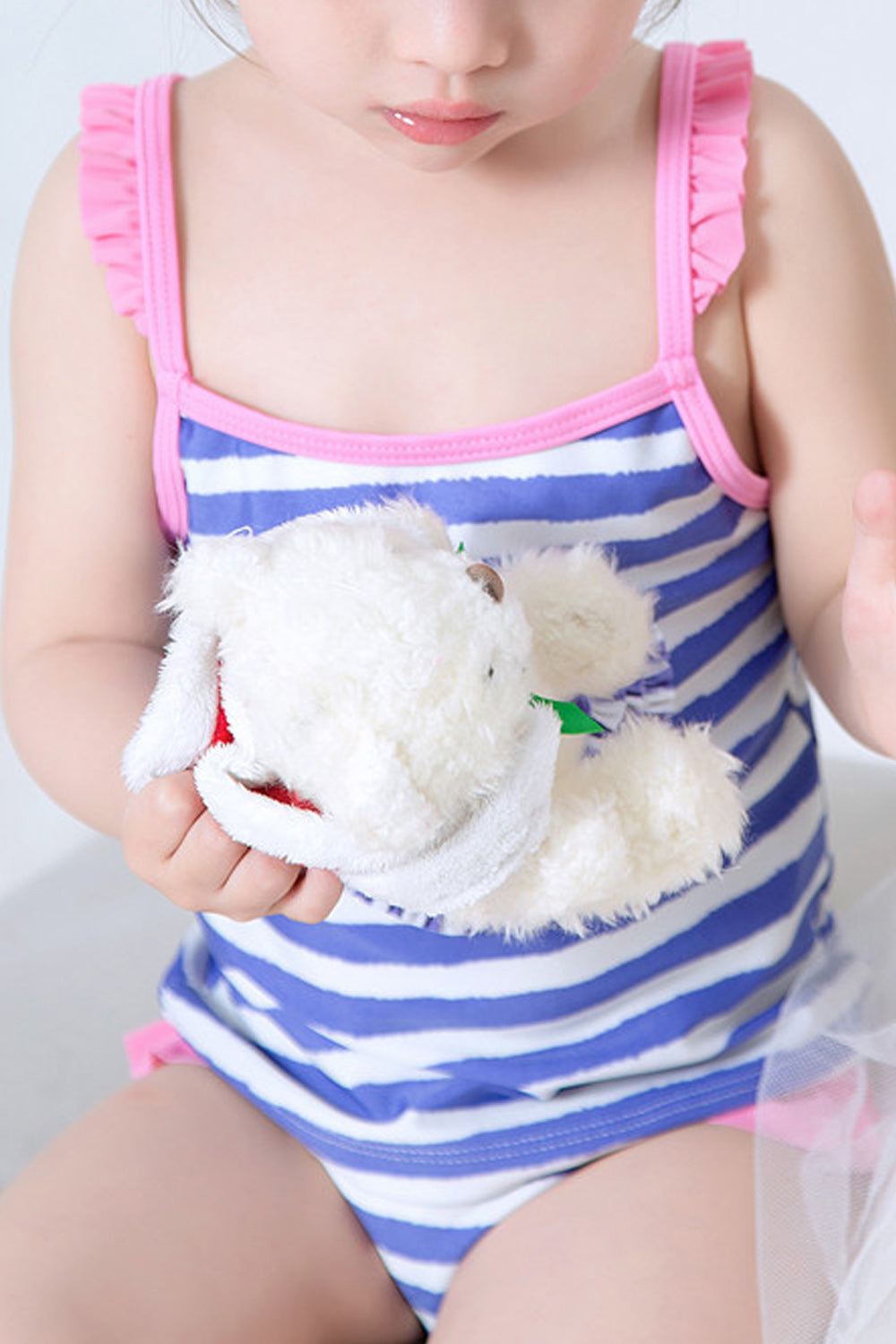 Baby Girls Ruffled Strap Neck Heart Decorated Swimsuit