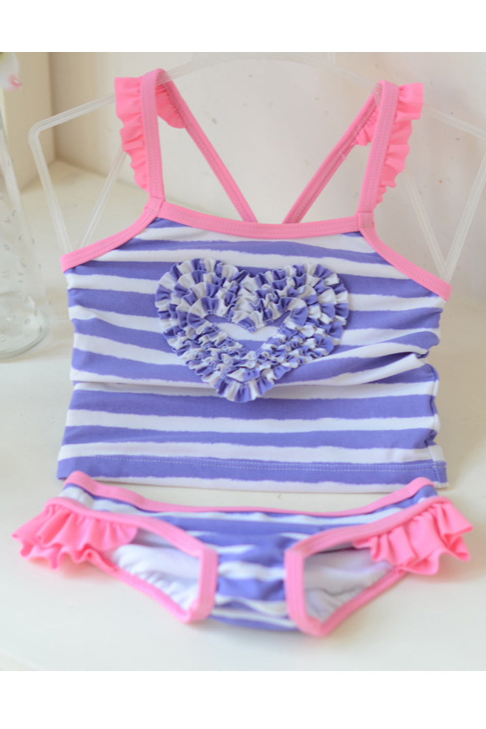 Baby Girls Ruffled Strap Neck Heart Decorated Swimsuit