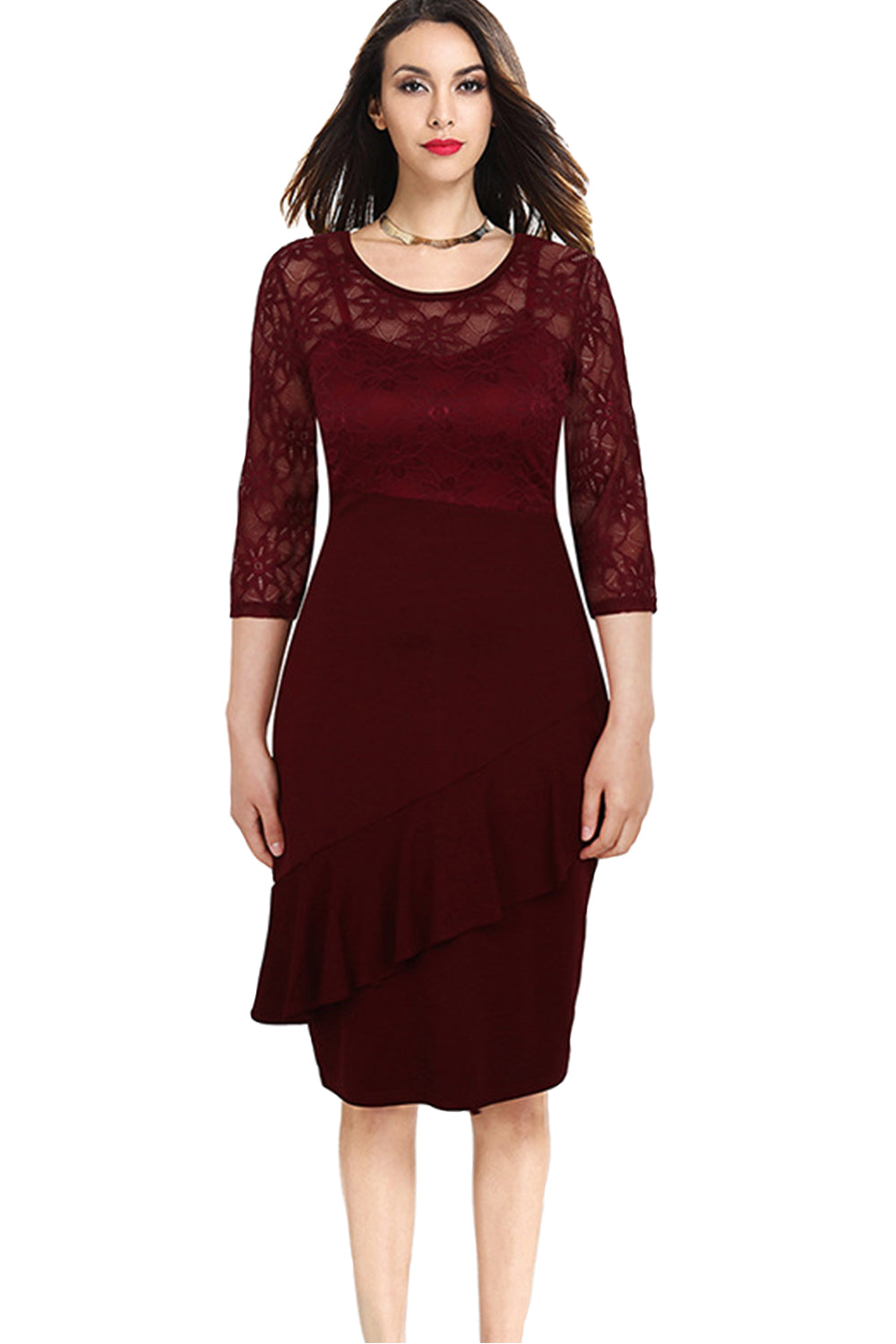 Women Bodycon Knee Length Party Dress Red Vine