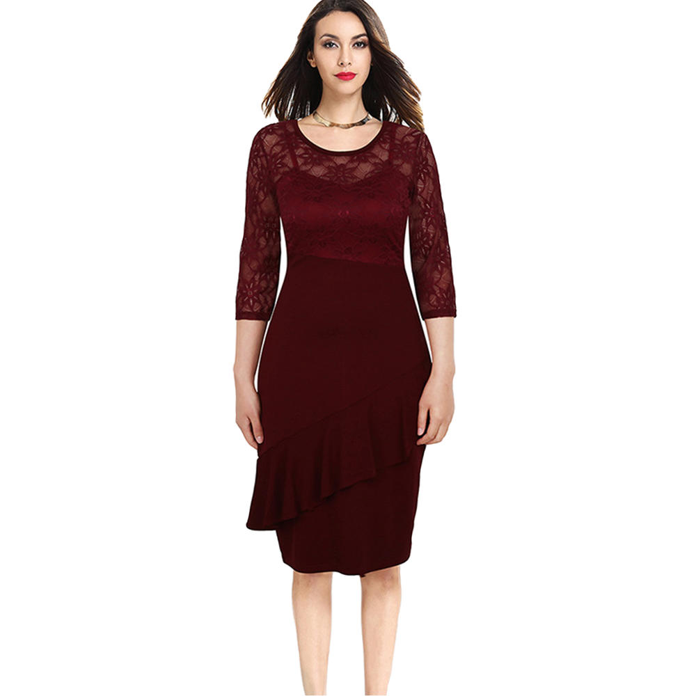 Women Bodycon Knee Length Party Dress Red Vine