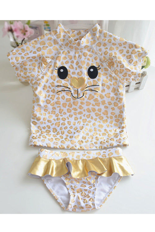 Baby Girls Cat Leopard Print Short Sleeve Ruffled Skirt Swimwear