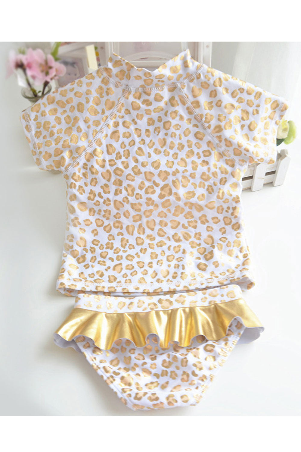 Baby Girls Cat Leopard Print Short Sleeve Ruffled Skirt Swimwear