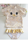 Baby Girls Cat Leopard Print Short Sleeve Ruffled Skirt Swimwear