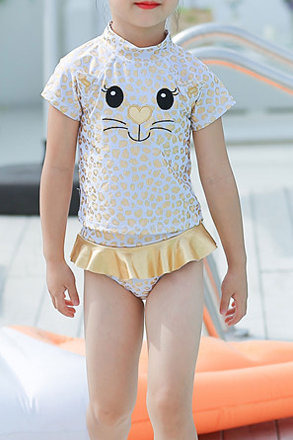 Baby Girls Cat Leopard Print Short Sleeve Ruffled Skirt Swimwear