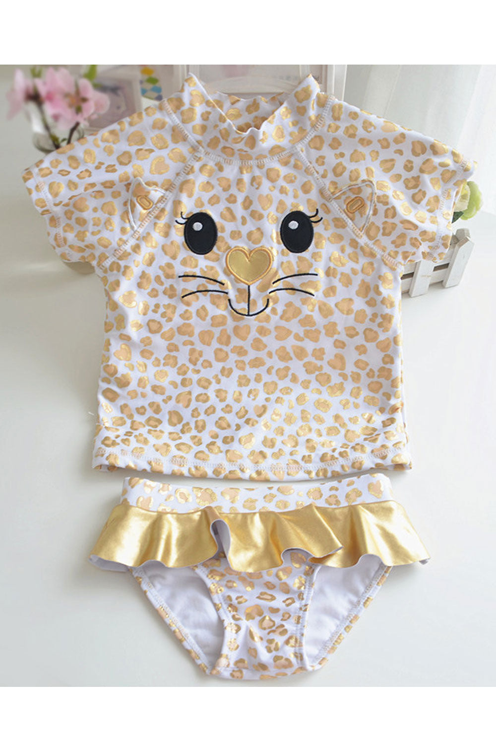 Baby Girls Cat Leopard Print Short Sleeve Ruffled Skirt Swimwear