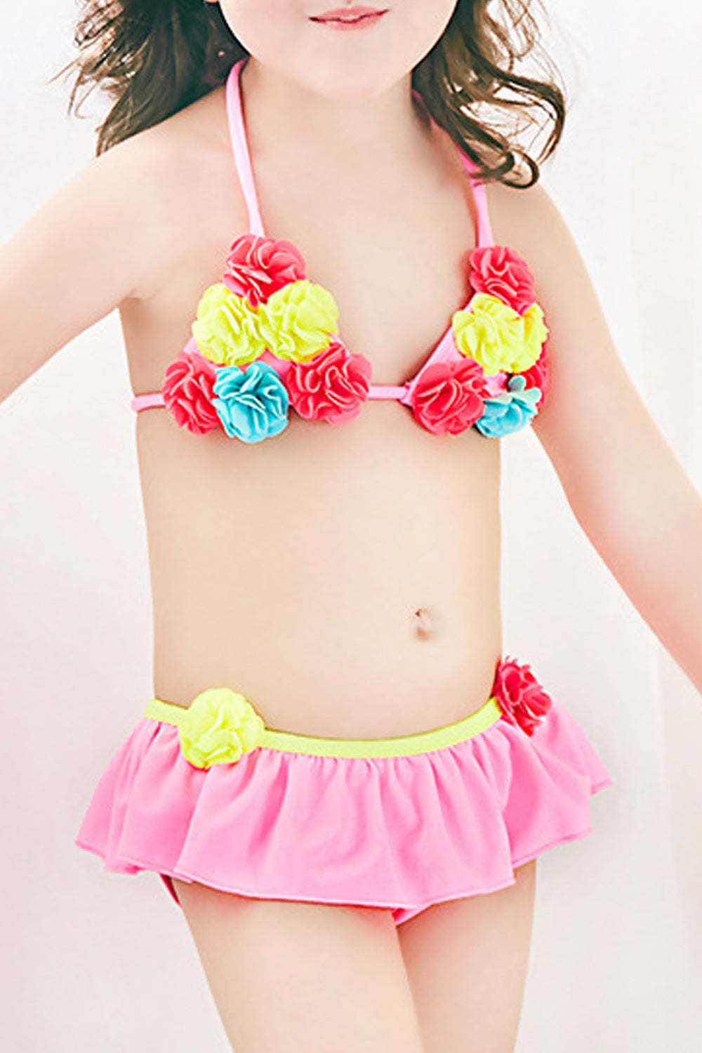 Baby Girls Halter Neck Flower Decorated Two Piece Swimsuit