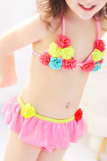 Baby Girls Halter Neck Flower Decorated Two Piece Swimsuit