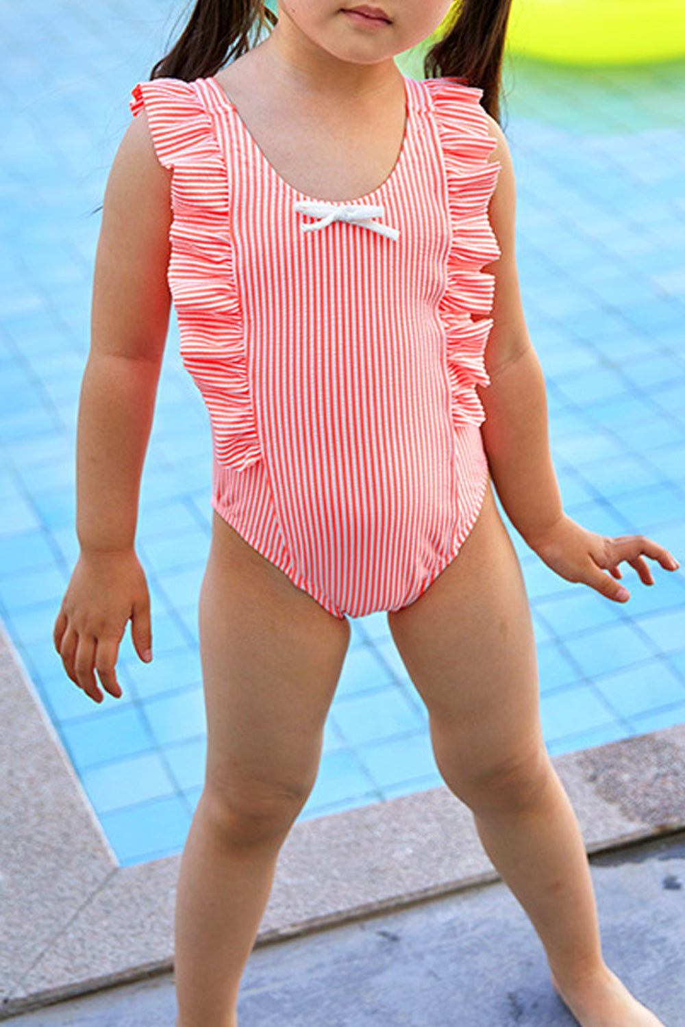 Toddler Girls Striped Pattern Trim Ruffled One Piece Swimwear