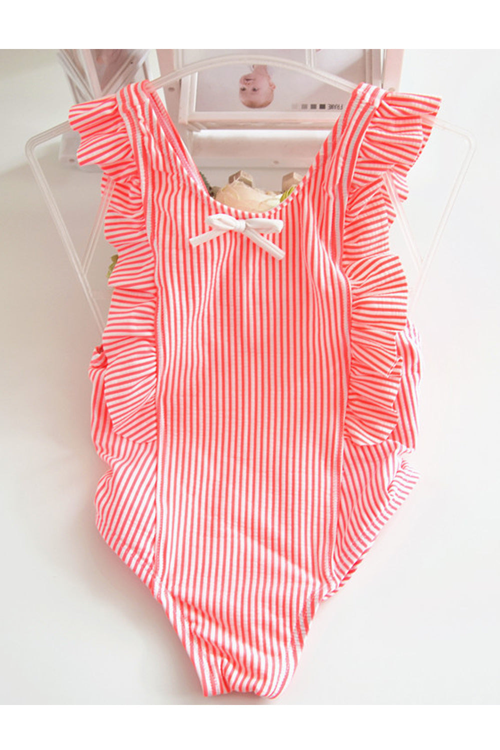 Toddler Girls Striped Pattern Trim Ruffled One Piece Swimwear