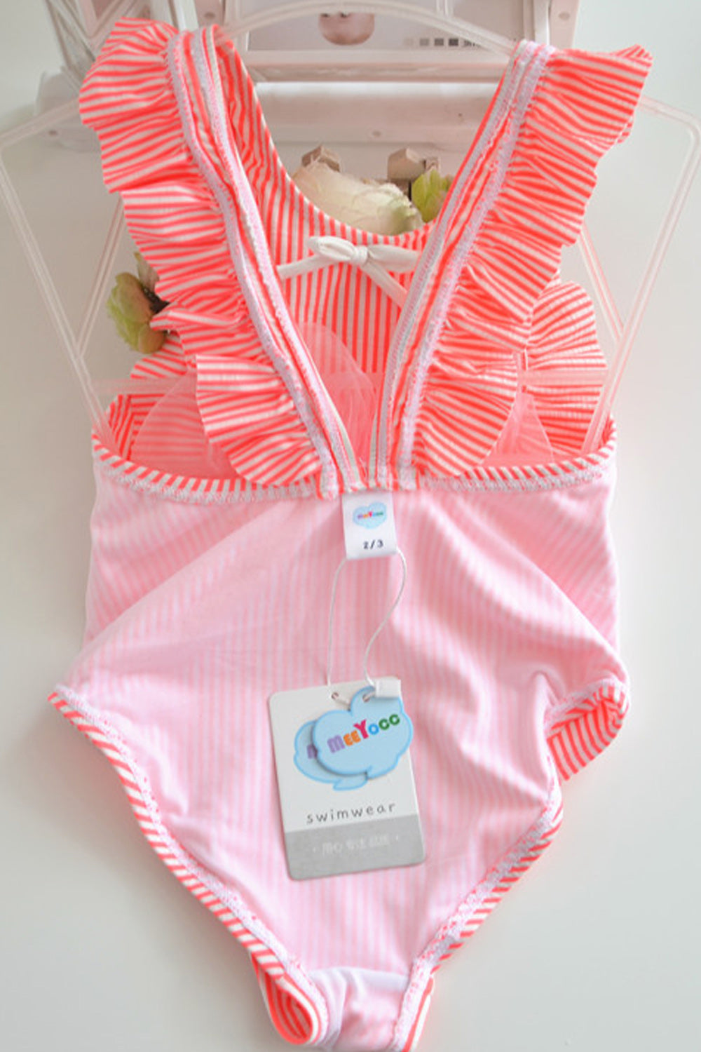 Toddler Girls Striped Pattern Trim Ruffled One Piece Swimwear