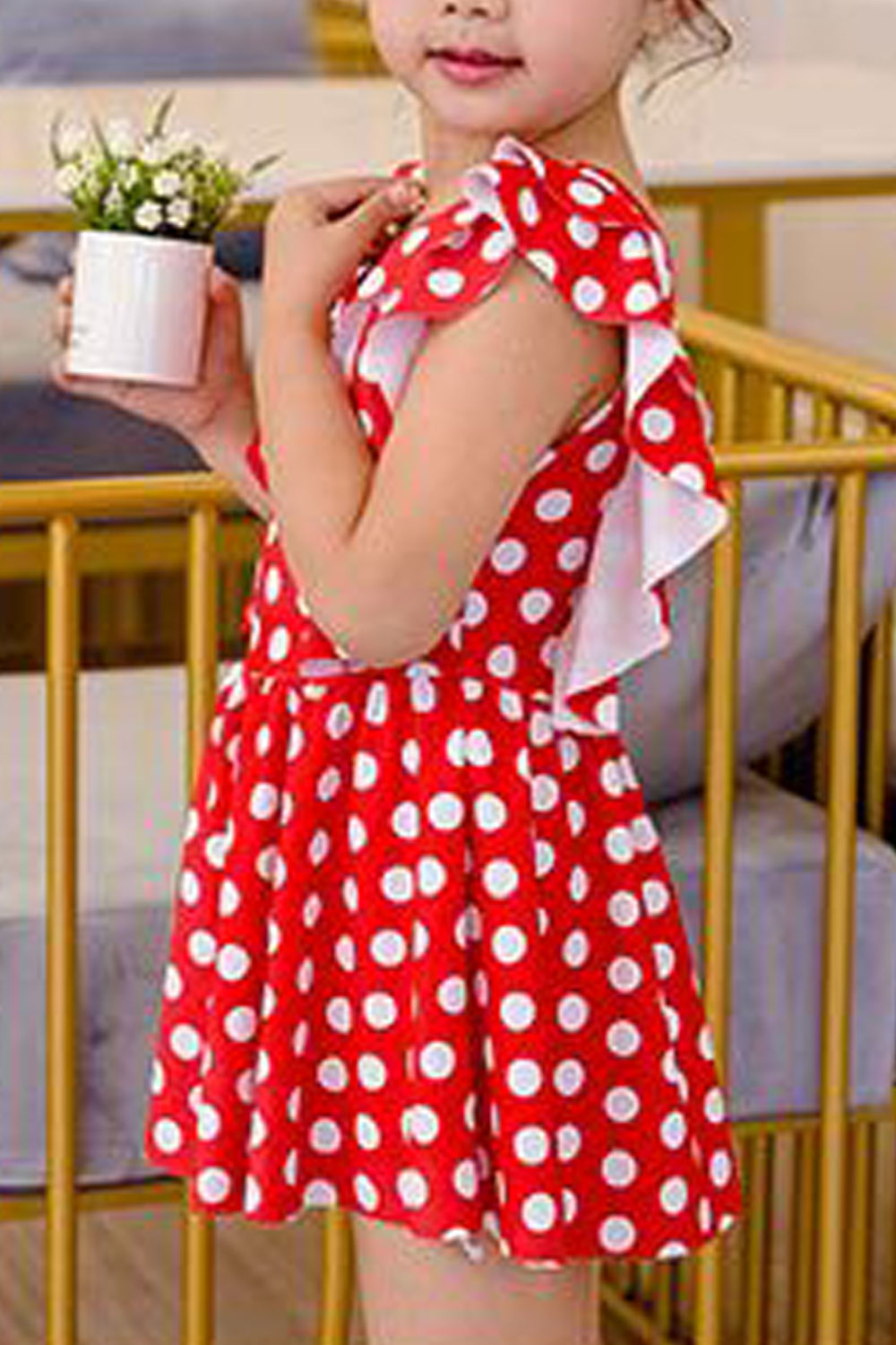 Toddler Girls One Piece Ruffled Polka Dot Pattern Swimwear