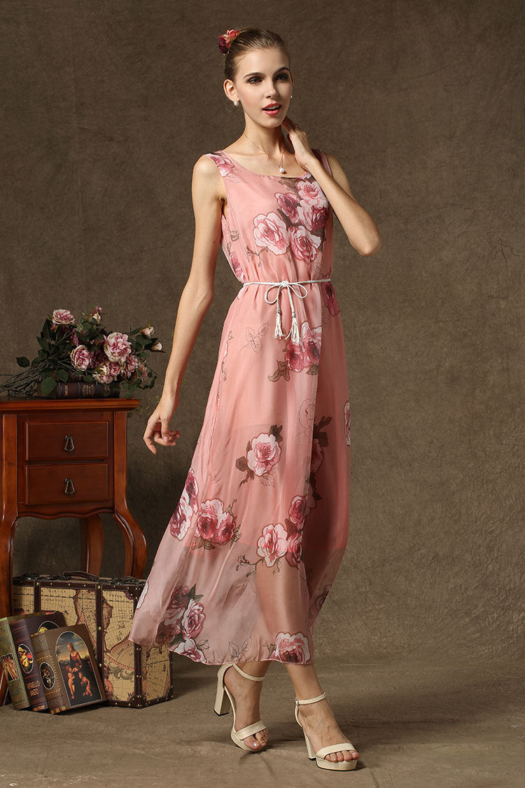 Women Beautiful Flower Printed Sleeveless Long Dress