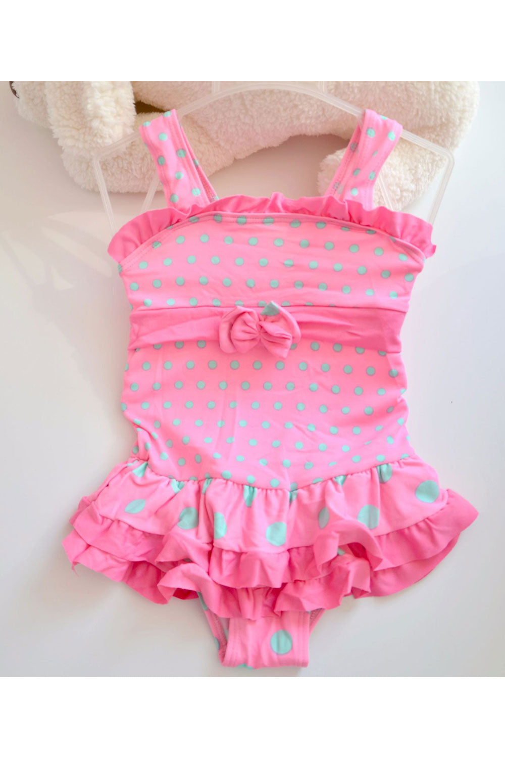 Toddler Girls Polka Dot Ruffled Hem Bow Decoration One piece Swimwear