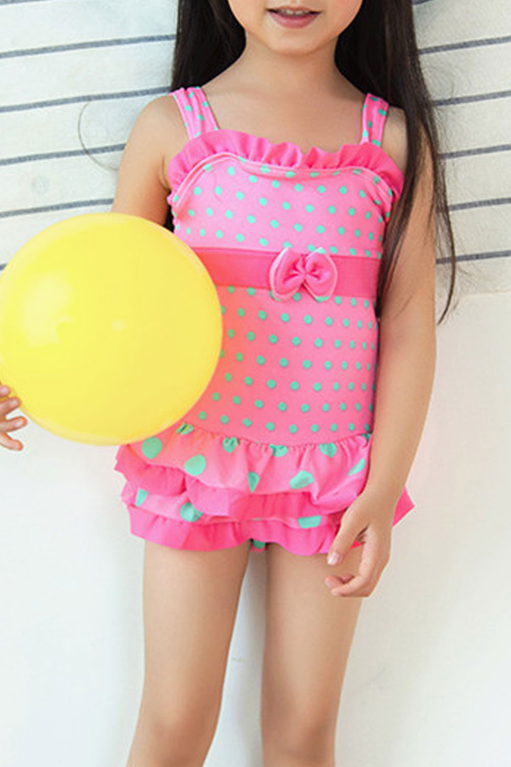 Toddler Girls Polka Dot Ruffled Hem Bow Decoration One piece Swimwear