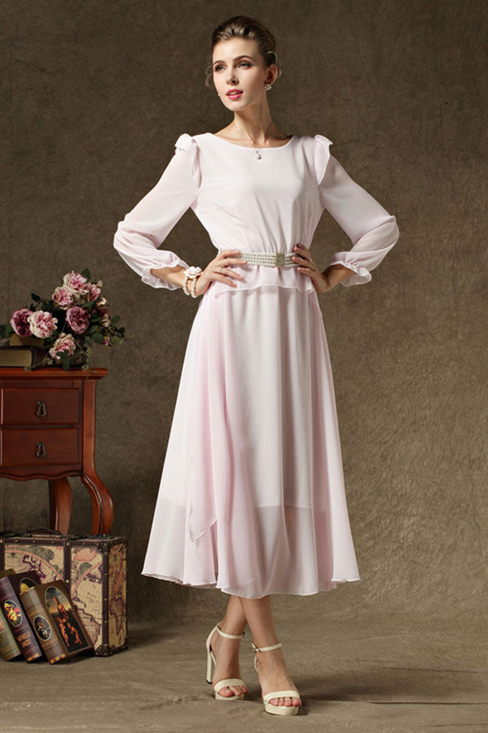 Women Pleated Halter Skirt Long Length Dress Pink
