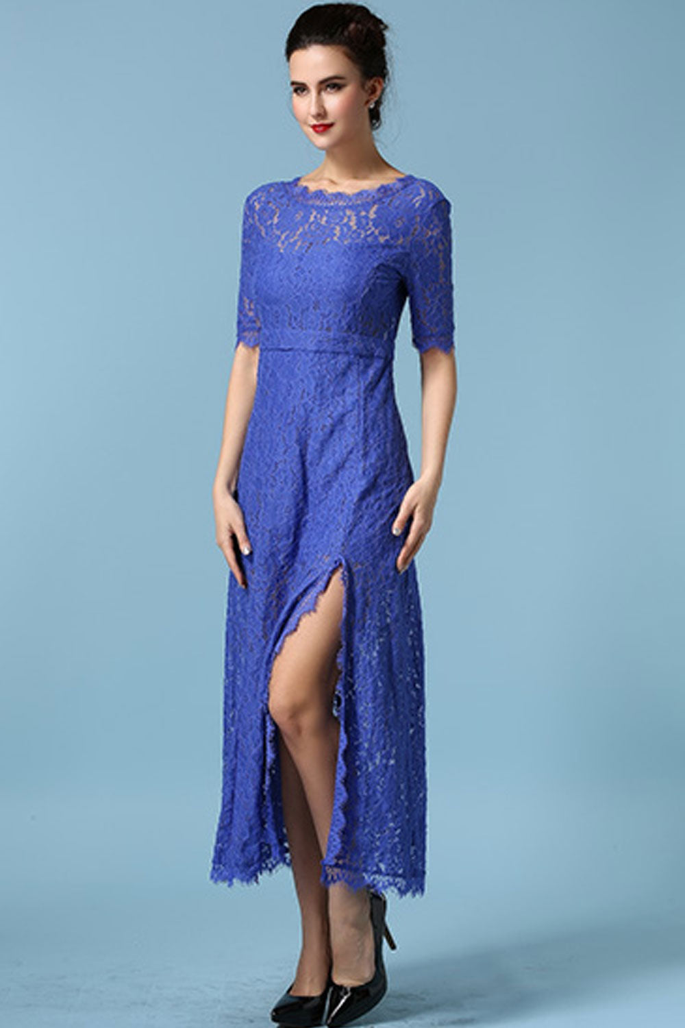 Women's Lace Hollow Round Neck Slim Skirt Dress Blue