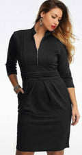 Women Collar Neck 3/4 Sleeve Solid Colored Dress