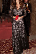 WOMEN KATE MIDDLETON STYLE PLUS SIZE V-NECK LACE STITCHED LONG DRESS BLACK