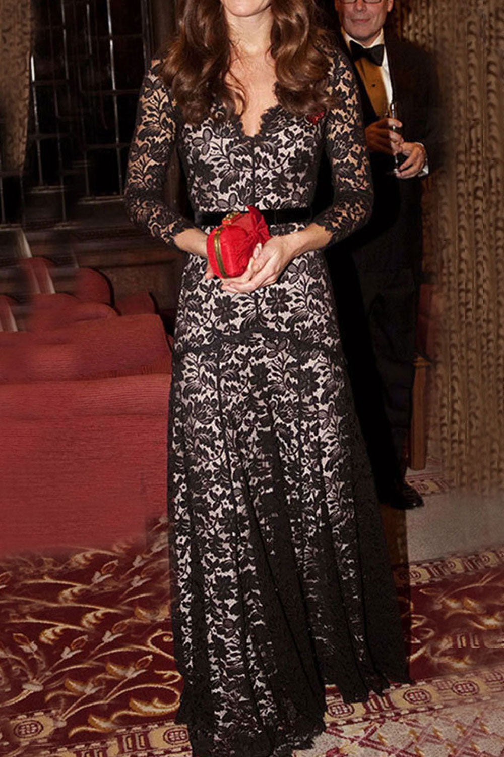 WOMEN KATE MIDDLETON STYLE PLUS SIZE V-NECK LACE STITCHED LONG DRESS BLACK