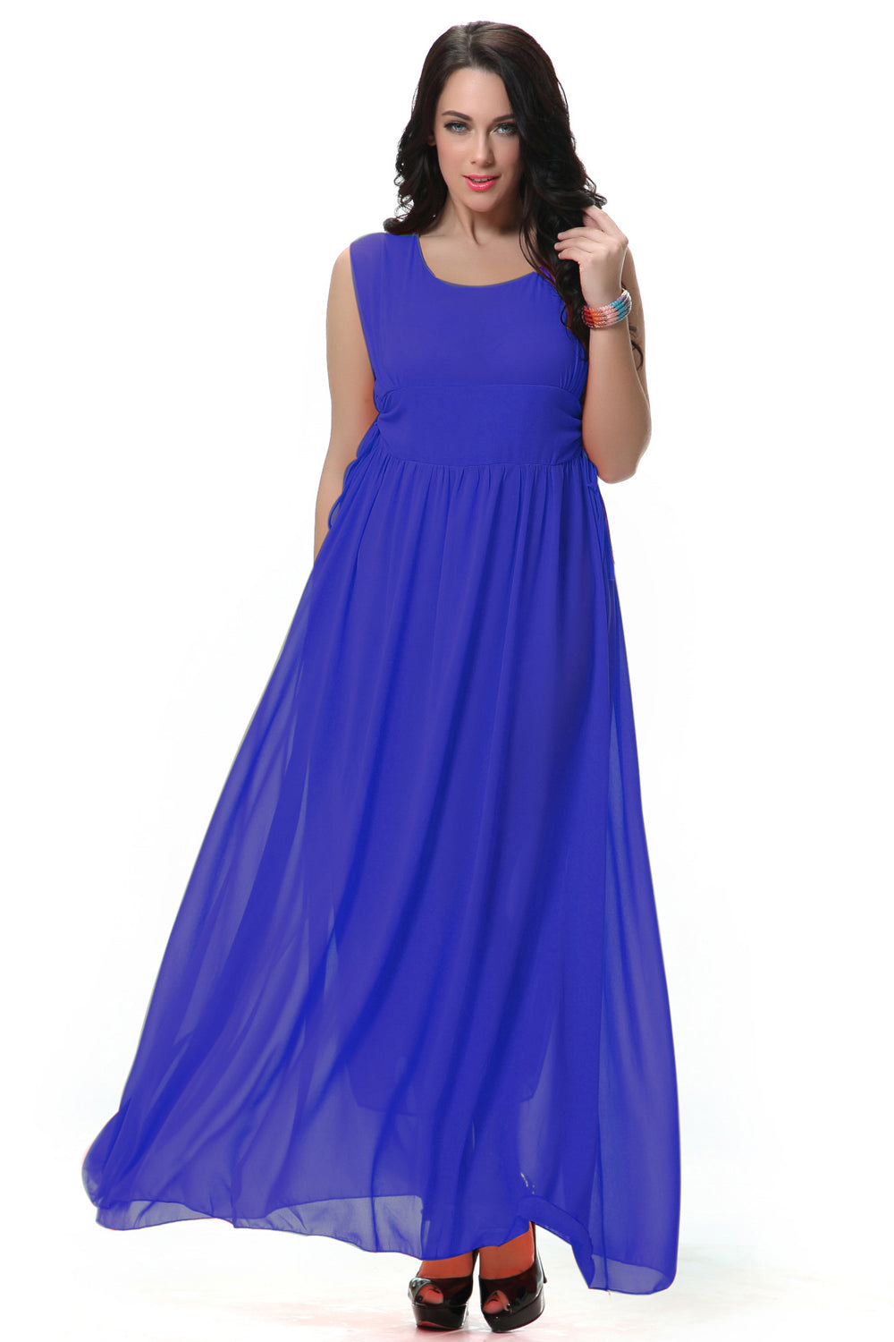Women's Round Neck Pleated Long Gown Prom Night Dress Blue