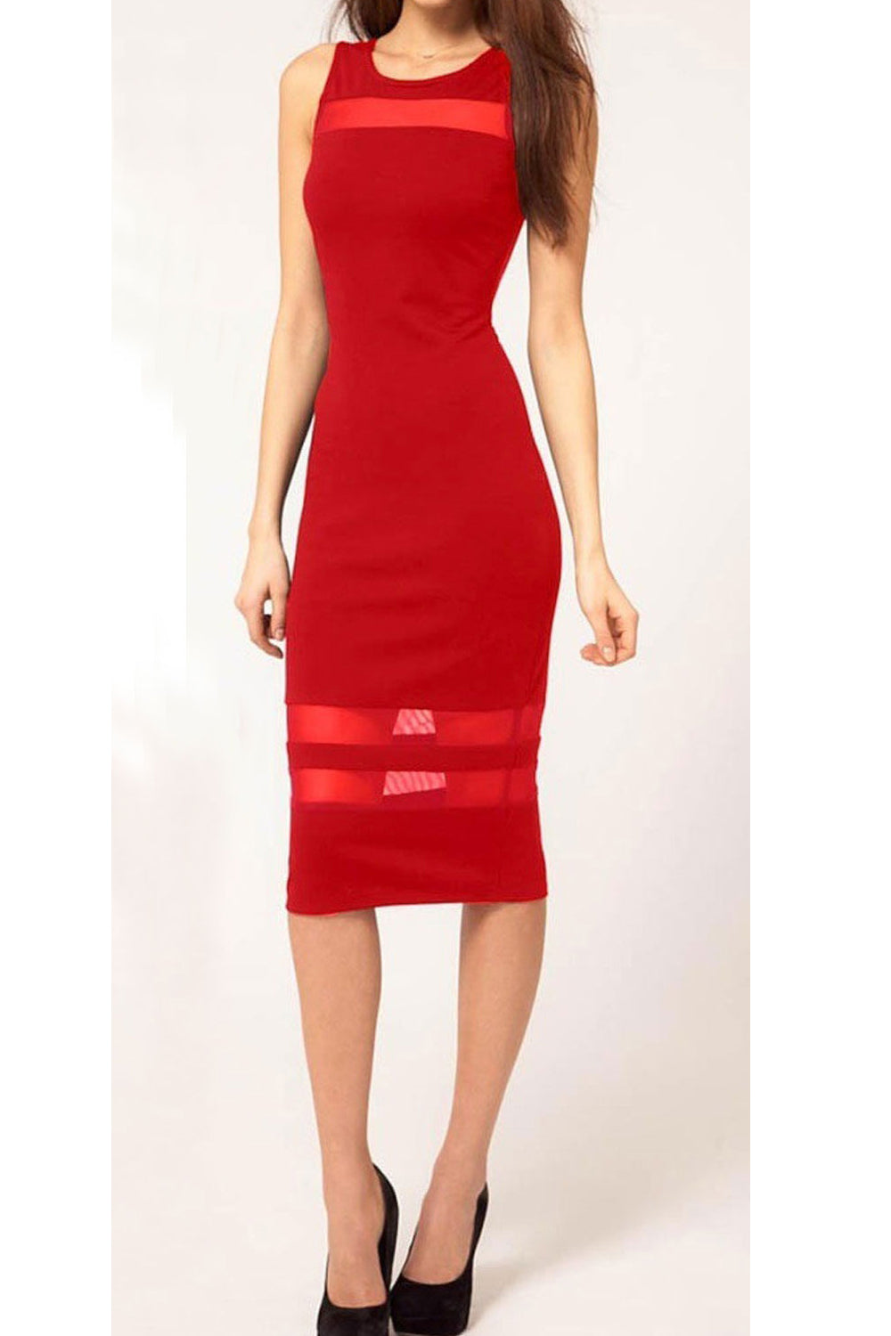 Women Slim Bodycon Sleeveless Lace Party Dress Red