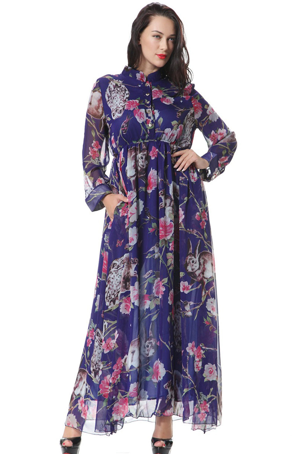 Women Plus Size Collar Neck Floral Printed Decorated Maxi Dress Blue