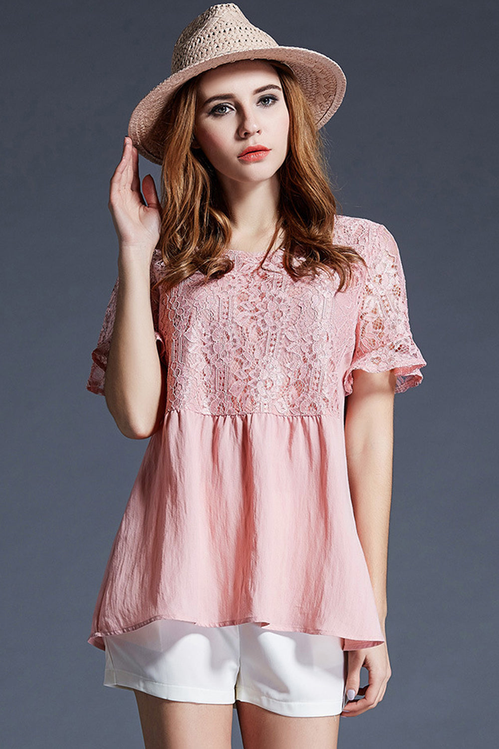 Women Short Sleeves Plus Size Lace Blouse Pink