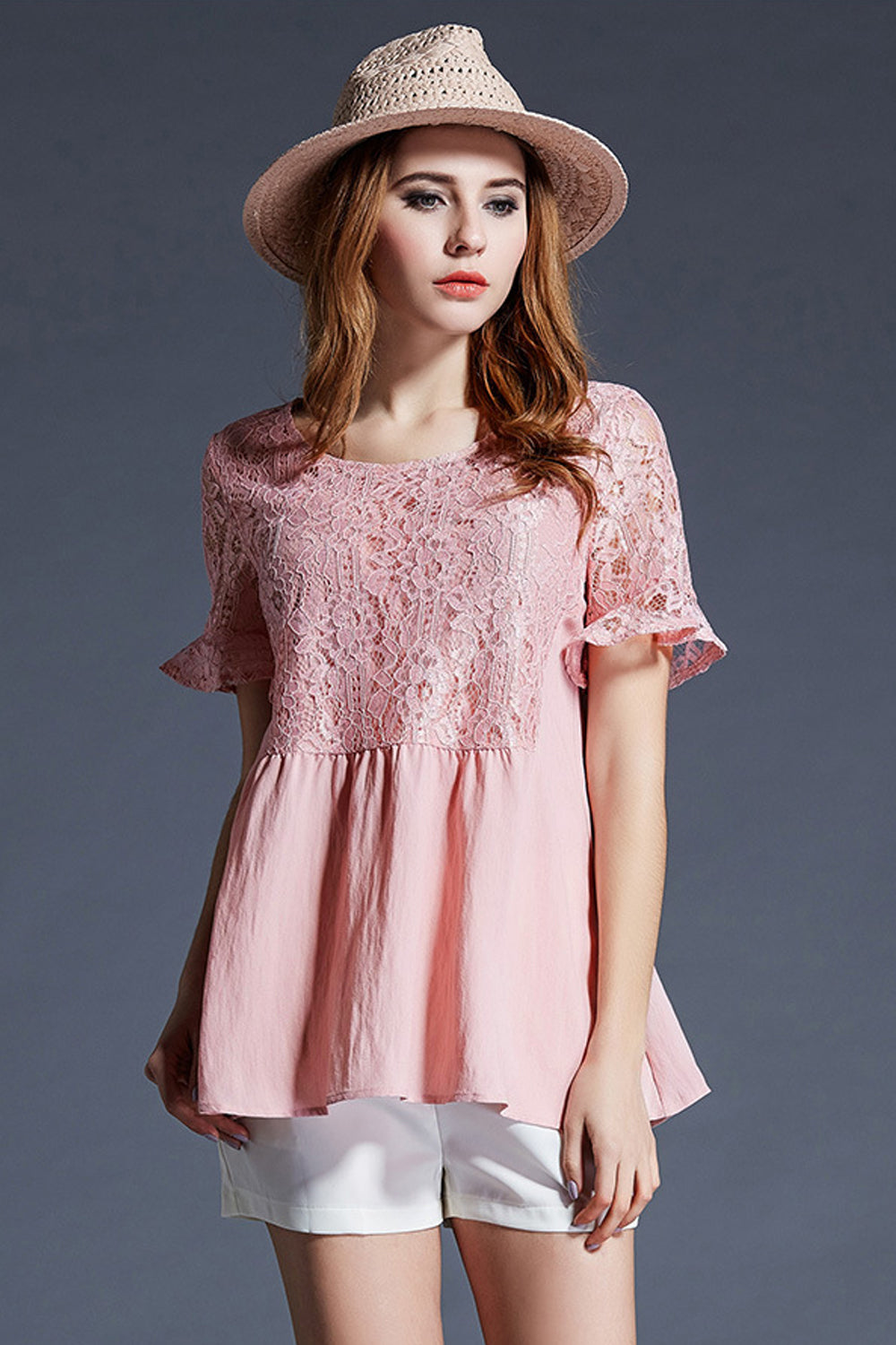Women Short Sleeves Plus Size Lace Blouse Pink