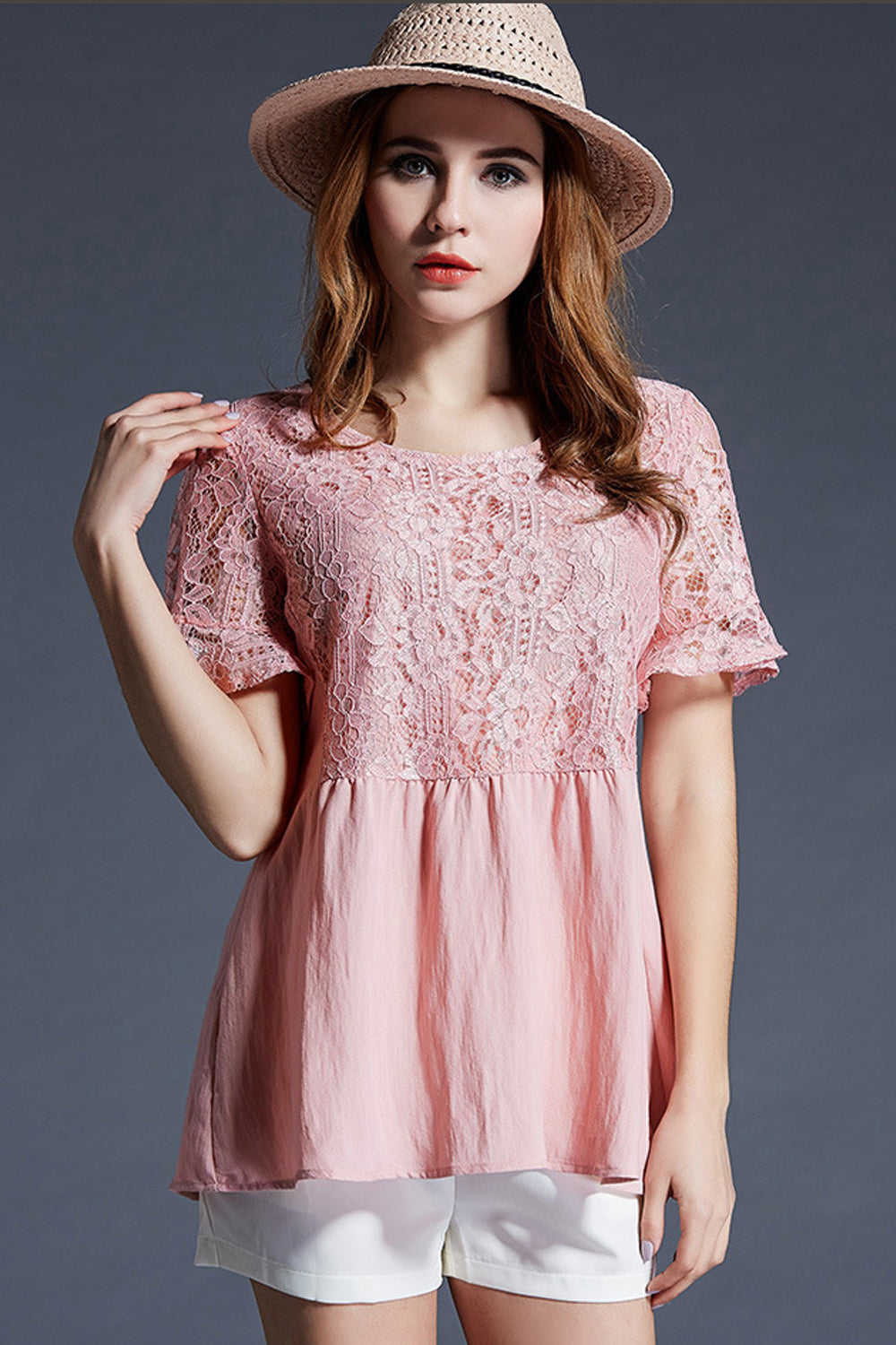 Women Short Sleeves Plus Size Lace Blouse Pink