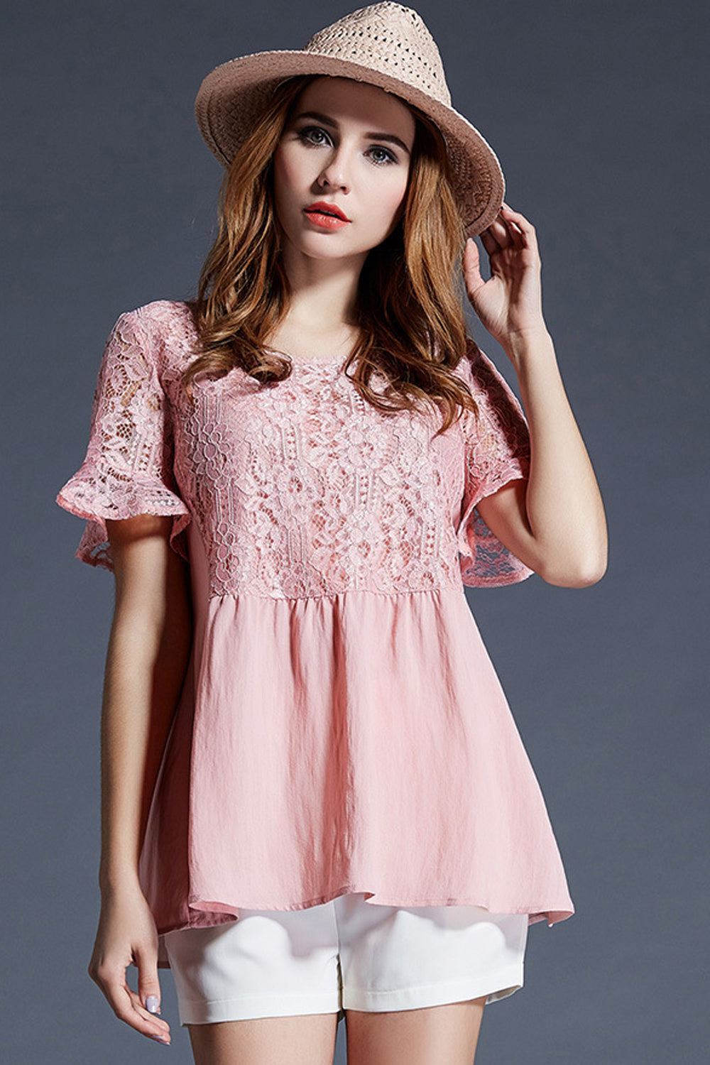 Women Short Sleeves Plus Size Lace Blouse Pink