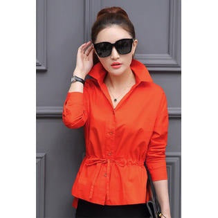 Women Collar Neck Elasticated Waist Shirt Orange