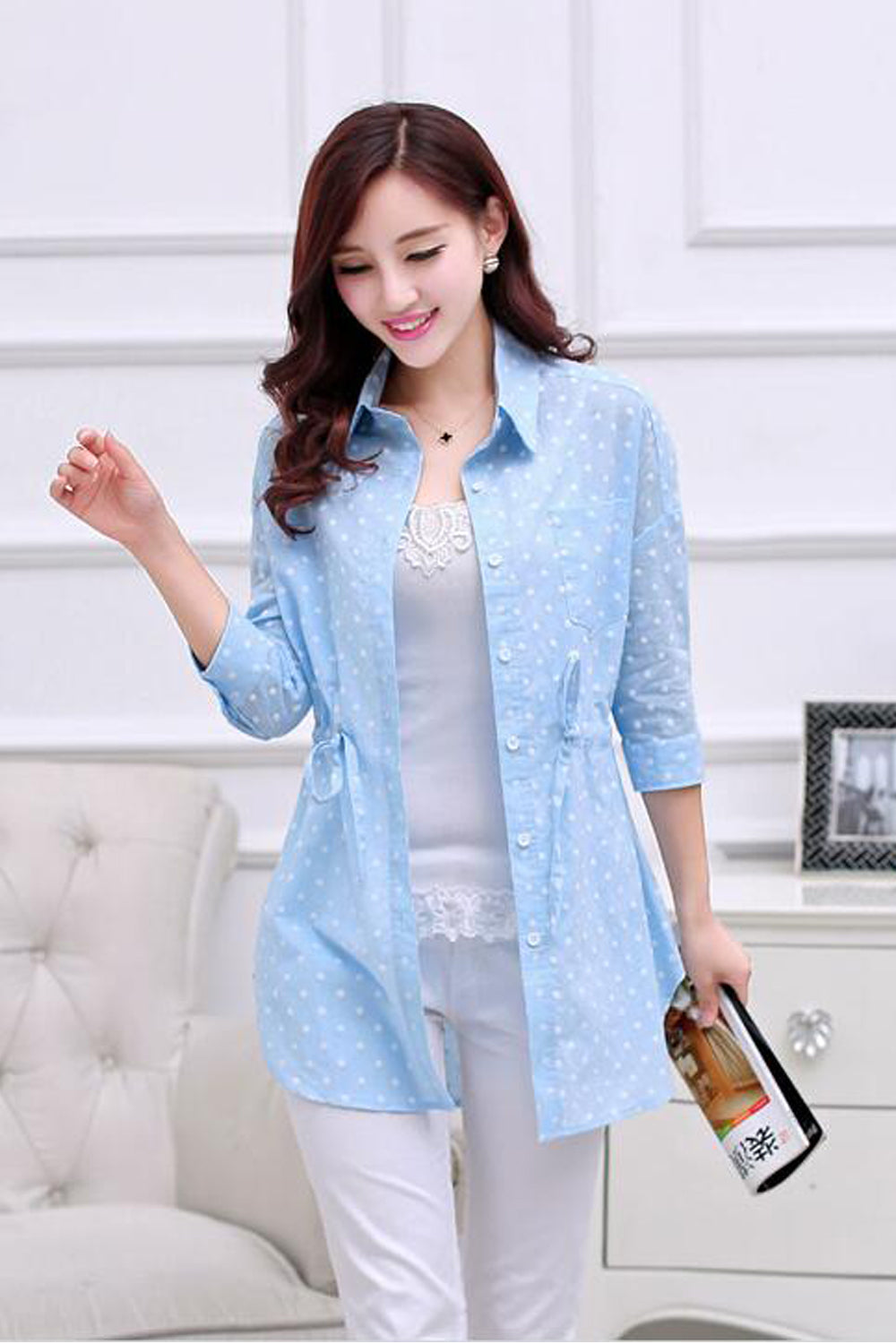 Women Button Closure Doted Pattern Long Shirt Blue