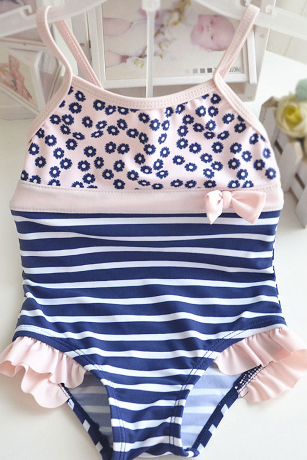 Toddler Girls Striped Cute One Piece Strap Neck Swimwear