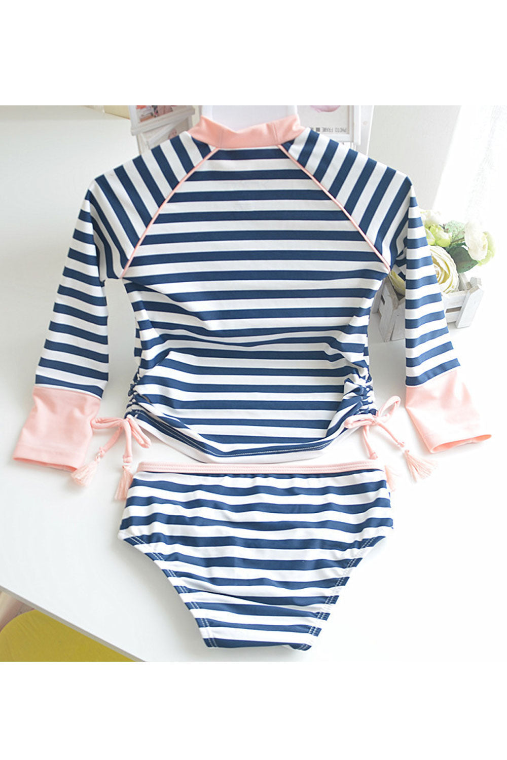 Baby Girls Two Piece Striped Pattern Long Sleeve Elasticated Swimsuit