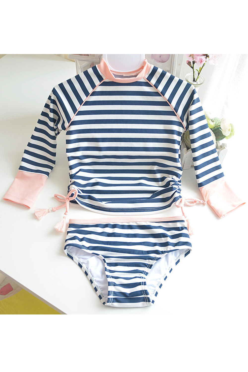 Baby Girls Two Piece Striped Pattern Long Sleeve Elasticated Swimsuit