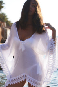 Women New Style V-neck Bat Sleeves Solid Color Pattern Lace White Blouse Sun Protection Sexy Style Pullover Beach Cover up