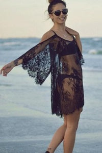 Women New Style U-neck Three Quarter Bat Sleeves Water-soluble Lace Suspender Straps off-shoulder Sun Protection Beach Bikini Co