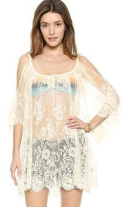 Women New Style U-neck Three Quarter Bat Sleeves Water-soluble Lace Suspender Straps off-shoulder Sun Protection Beach Bikini Co
