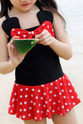 Kids Girls Red Bow Strap Neck Polka Dot One Piece Swimwear