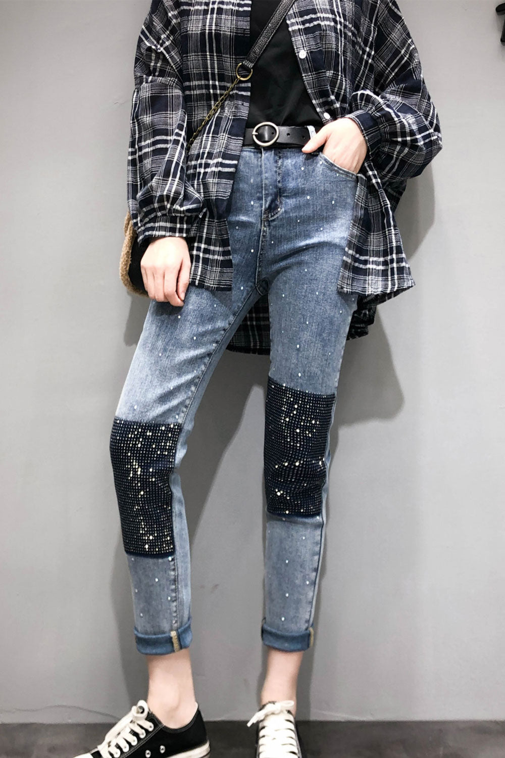 Women Two Colours Square Shape Jeans