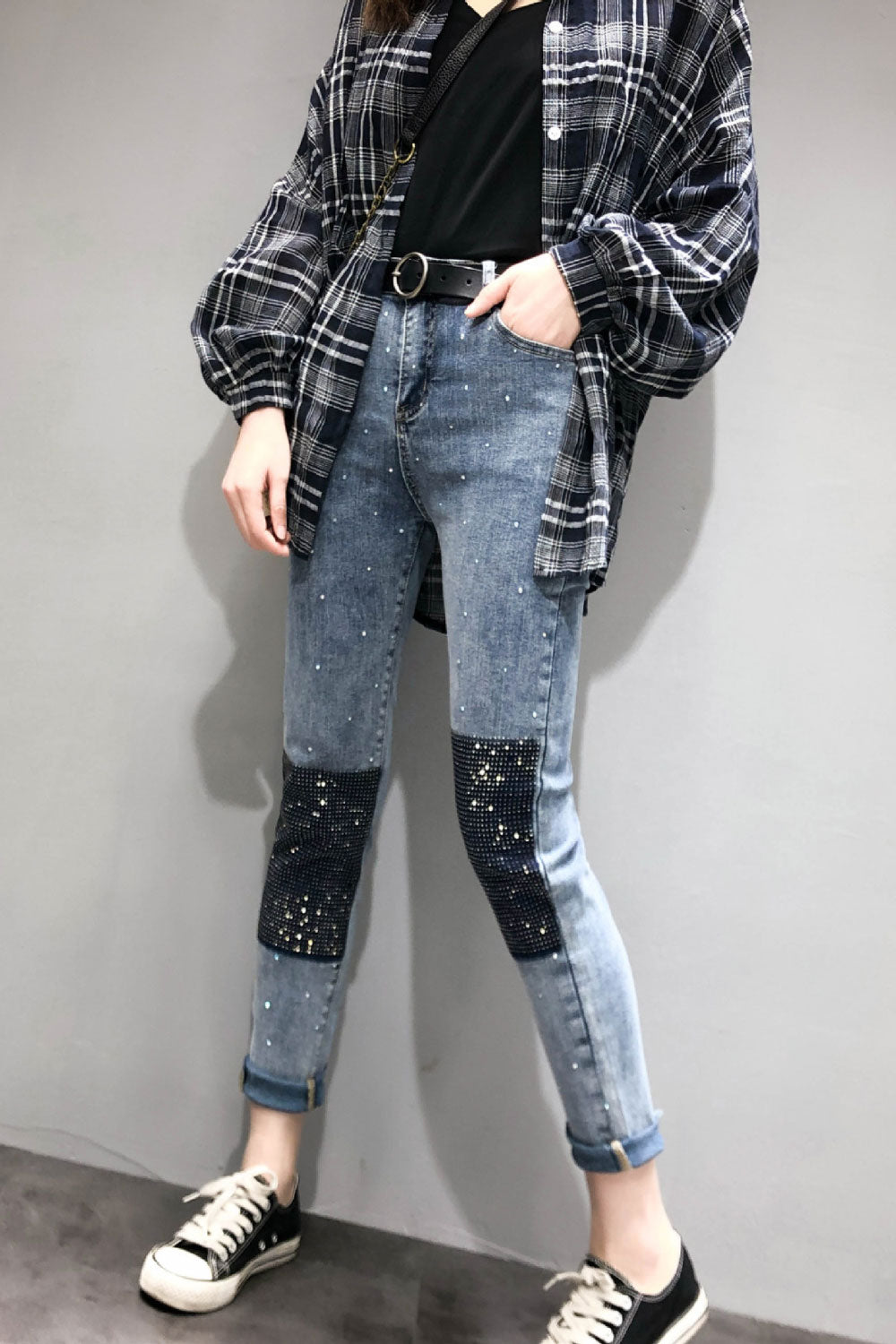 Women Two Colours Square Shape Jeans