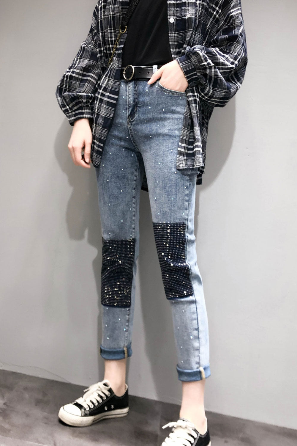 Women Two Colours Square Shape Jeans