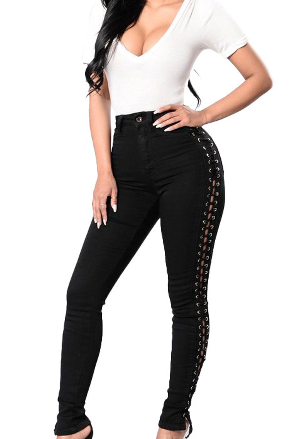 Women Cords Sides Holes Jeans