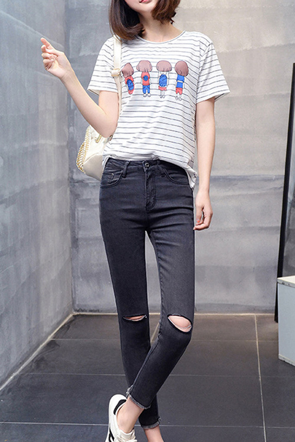 Women Two Cut Holes Casual Jeans