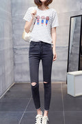 Women Two Cut Holes Casual Jeans