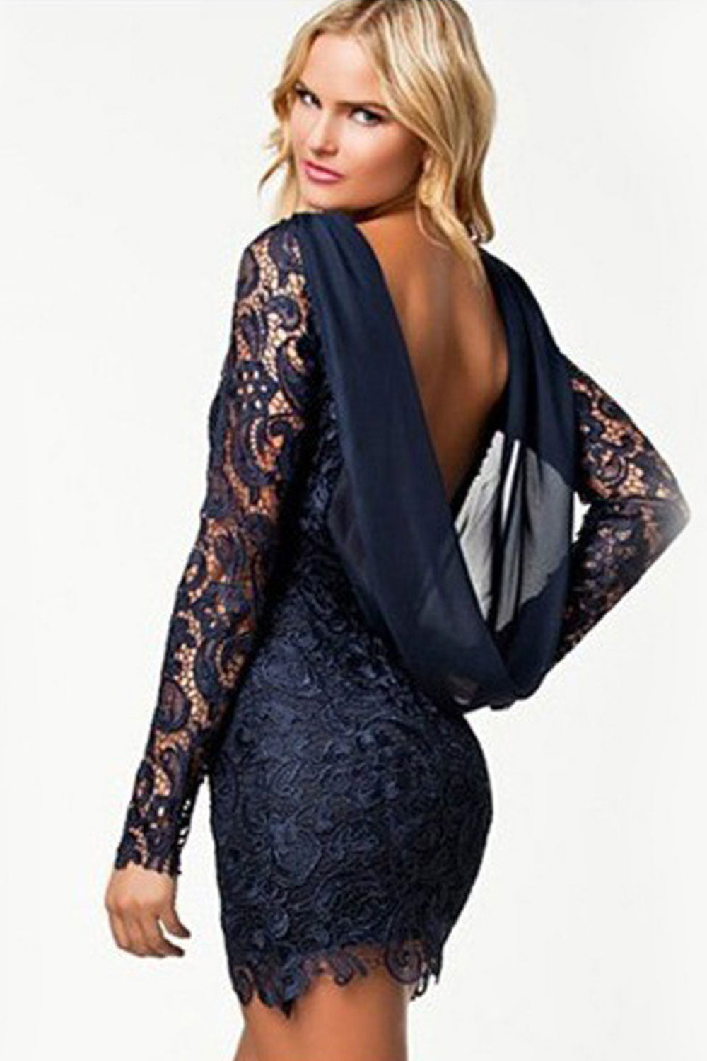 Womens Lace Stiched Bodycon Long Sleeves Dress
