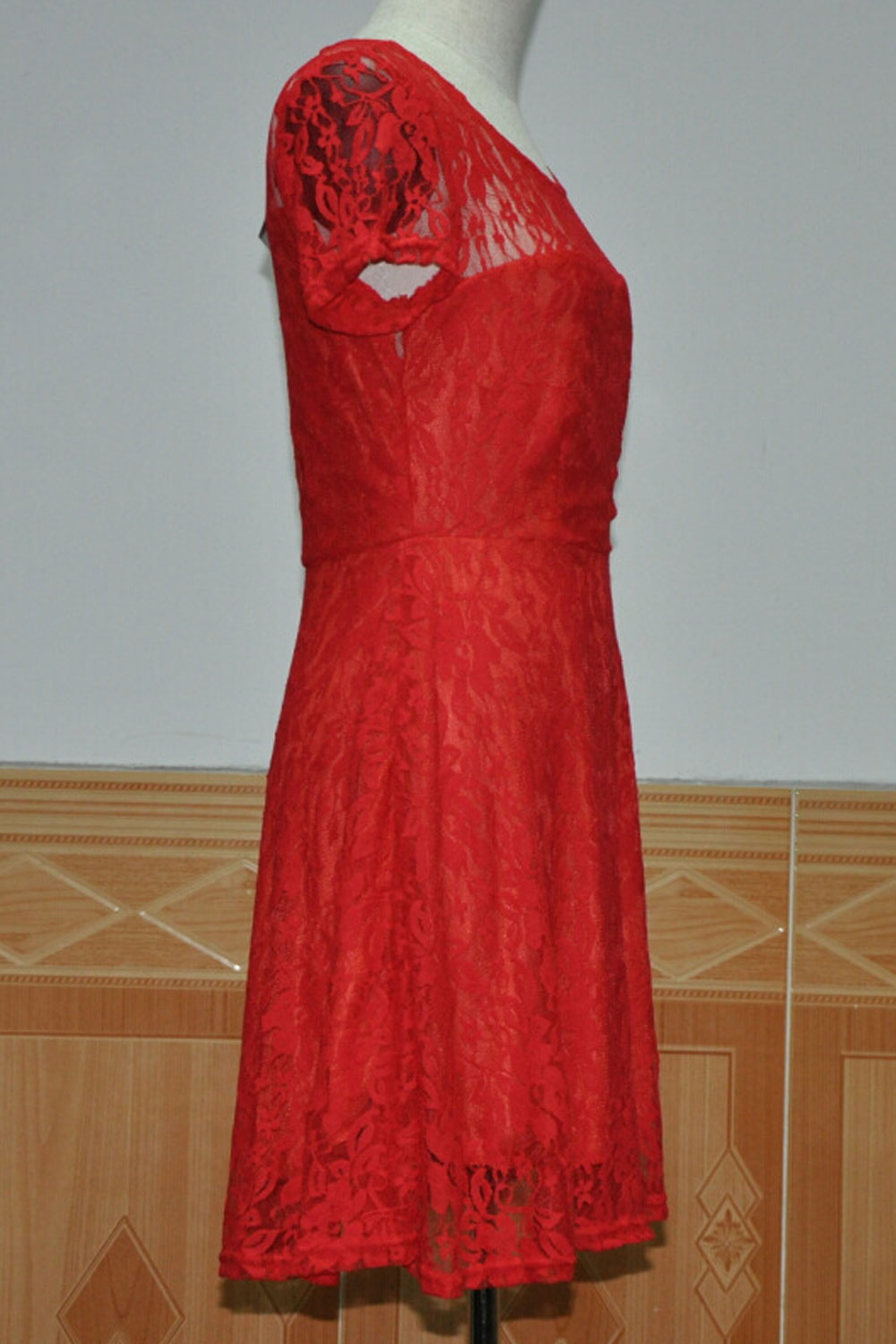 Women Halter Style Round Neck Short Sleeves Dress Red