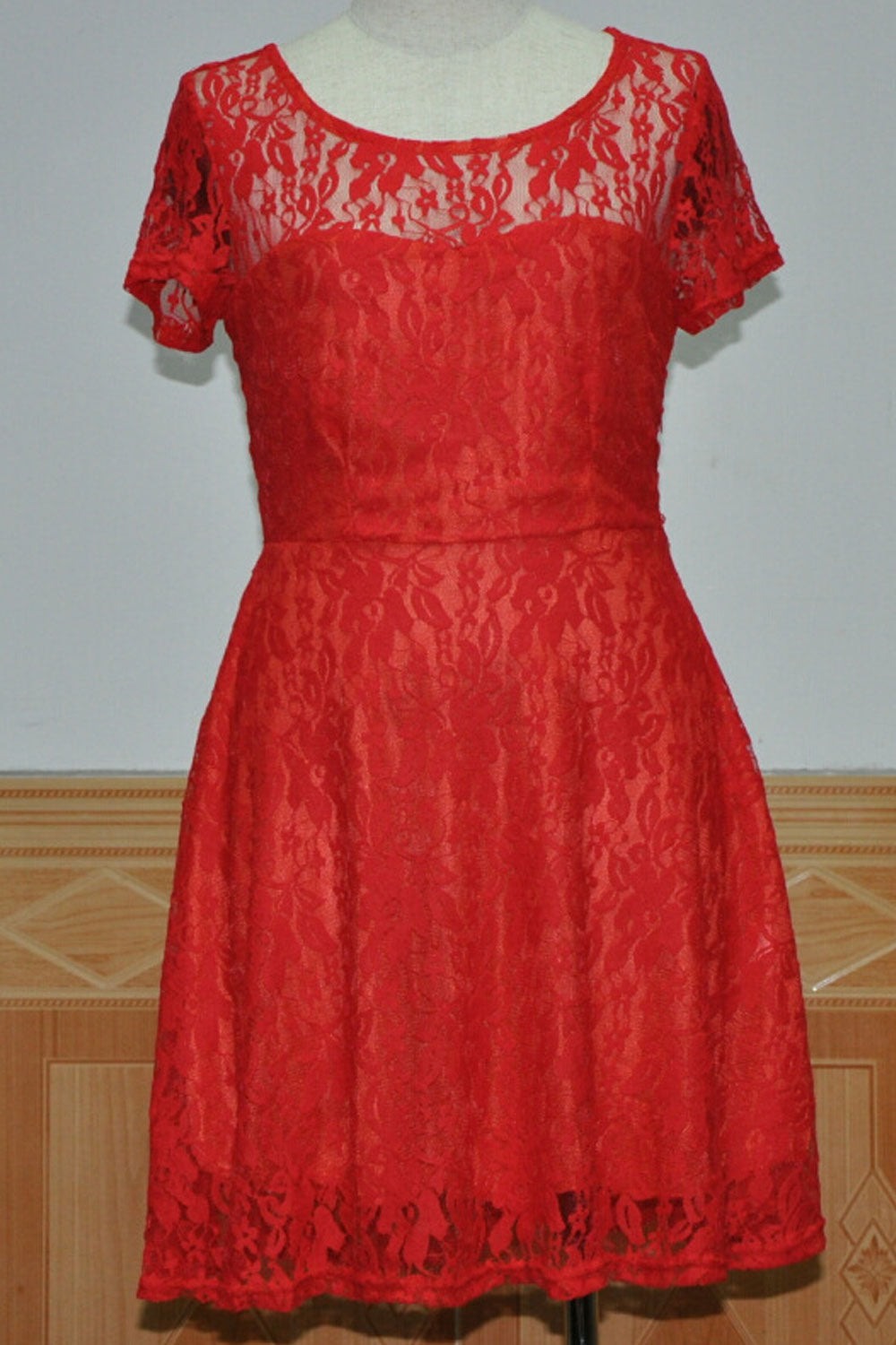 Women Halter Style Round Neck Short Sleeves Dress Red