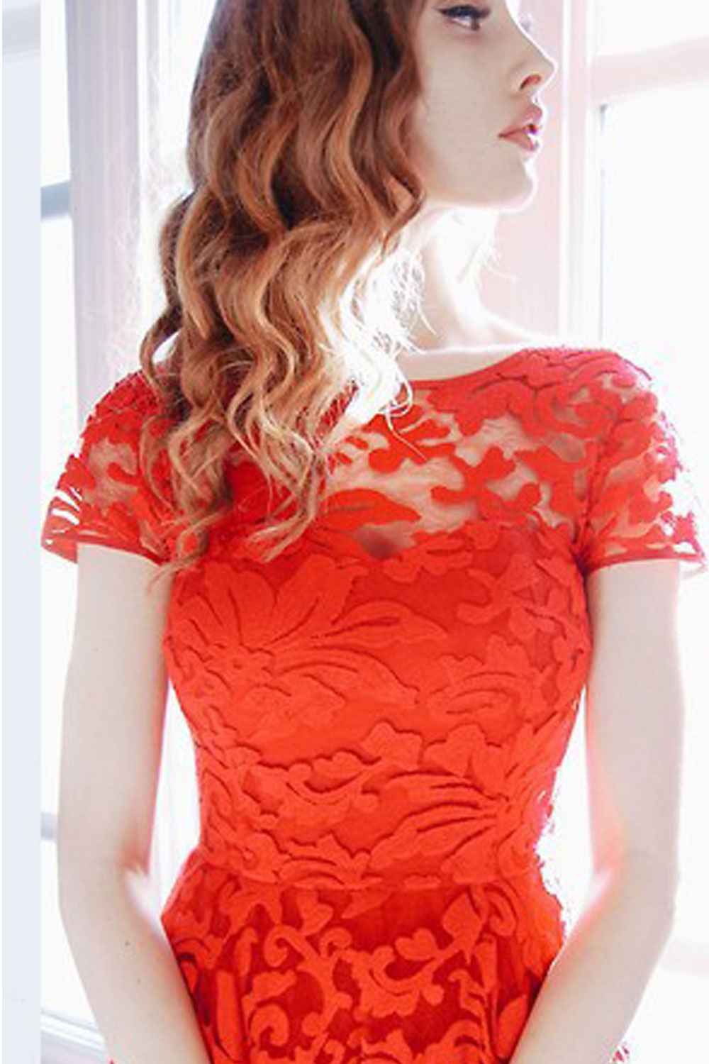 Women Halter Style Round Neck Short Sleeves Dress Red
